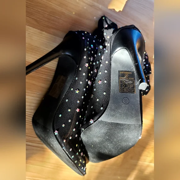 Stiletto rhinestone Bootie In Black a mid calf high shaft - Picture 5 of 7